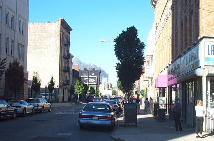 9:20 or so. both buildings intact. down driggs ave. greenpoint, brooklyn